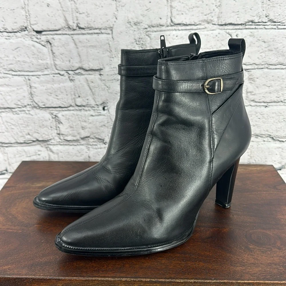 VALLEY LANE Leather Pointed Toe Ankle Buckled Strap Heeled Boots 7B Black VGC!